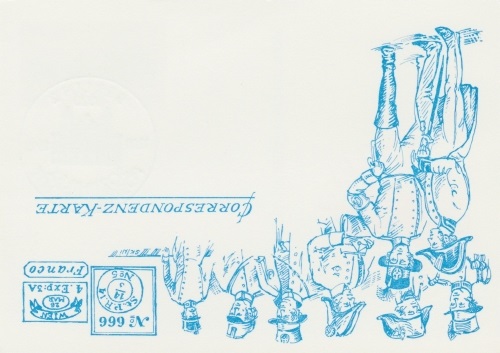 kopfstehender Zudruck in Farbe c (cyanblau) auf Papier y