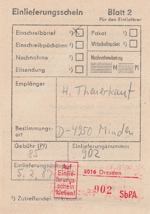 zugehöriger Einlieferungsschein