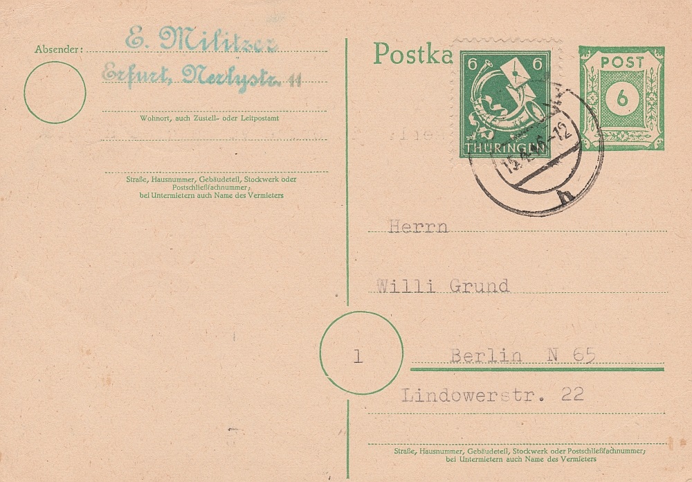 Fernkarte vom 14.4.46 mit Zusatzfrankatur, gelaufen von Erfurt nach Berlin